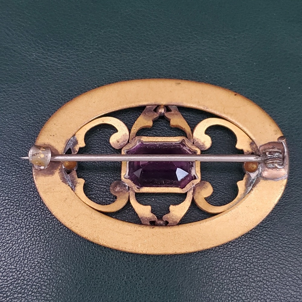 VTG Oval Brooch Sash Pin Brass Purple Emerald Cut Stone Art Nouveau Victorian - Picture 3 of 6